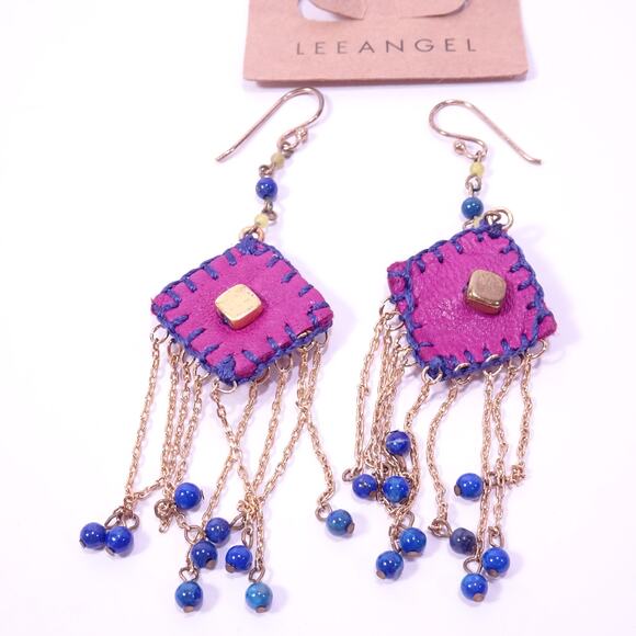 Lee Angel Neiman Marcus Purple Navy Leather Beaded Drape Earrings NWT 168 - Picture 8 of 8